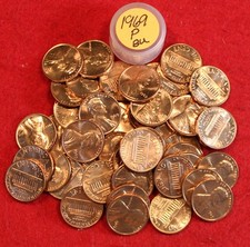 1969  Lincoln Wheat Cent Penny 50 Coin roll BU coins rolls