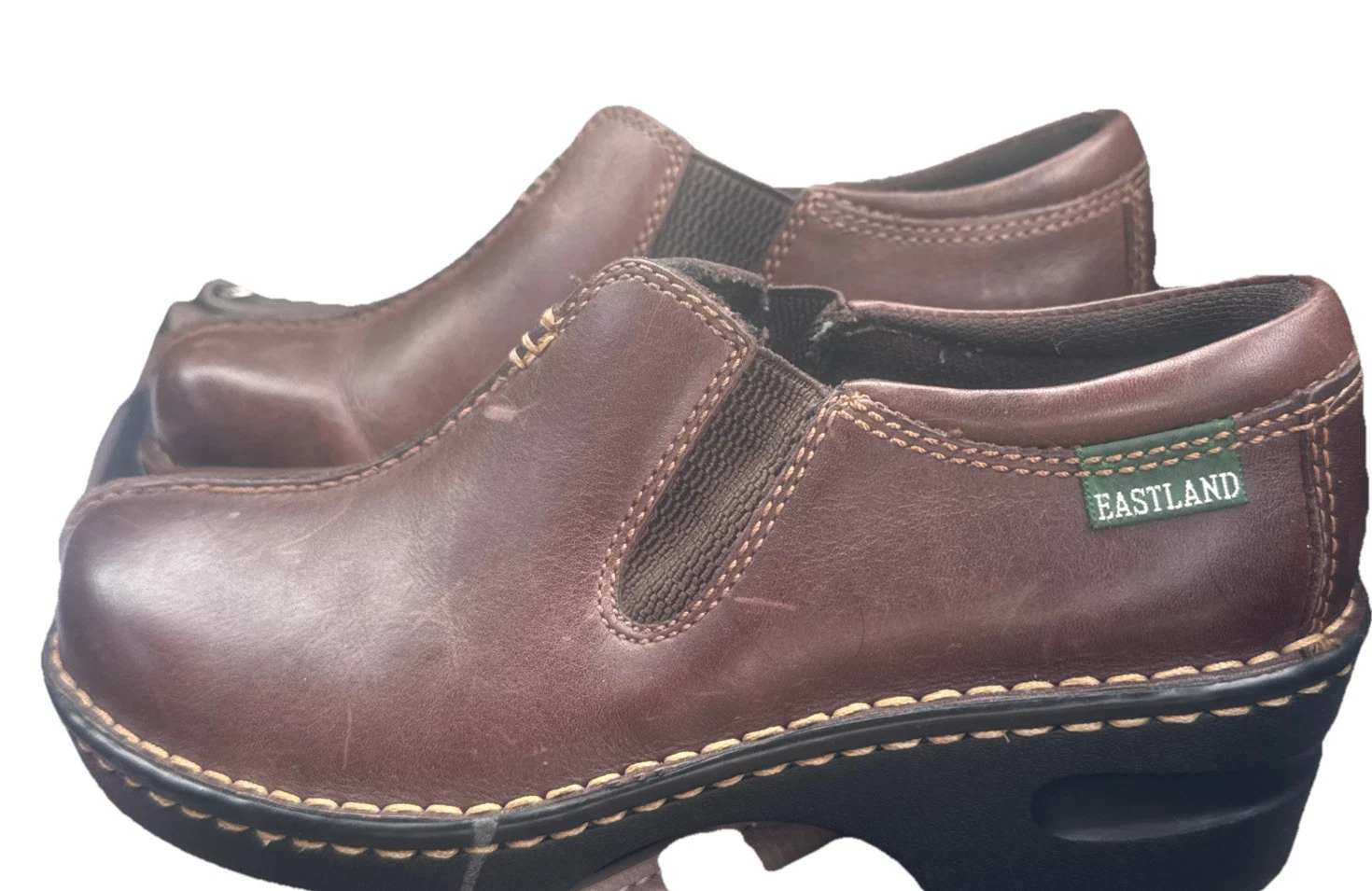 EASTLAND Shoes Womens Sz 7.5M Brown Leather Split Toe Slip On Clogs SEQUOIA