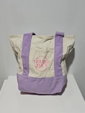 Trader Joe’s Mini Canvas Tote Bag Pastel Pink W/Purple Handle Spring 2025 