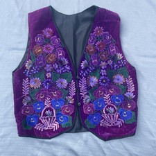 Floral Embroidered Vest XL Womens Button Purple Blue Black Cotton Guatemalan