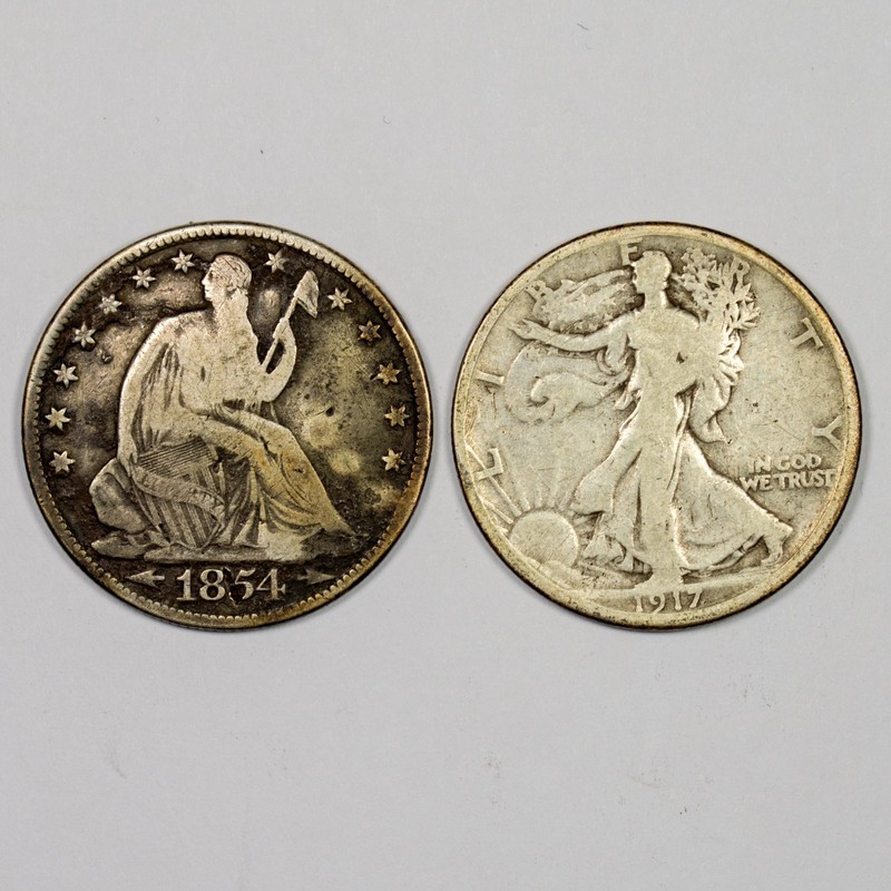 Lot of 2 Silver Half Dollars - 1917-S Walking Liberty, 1854-O Seated Liberty