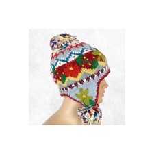 Bonnet tricoté main à oreillettes gris et bordeaux BON14
