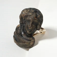Antique Victorian Carved Bog Oak 9k Gold Mourning Ring Portrait Sculpture Size 8