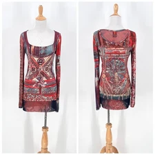 SAVE THE QUEEN Graphic Print Long Sleeve Tunic Top Womens Large Red Blue Mesh