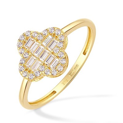 Cluster-Ring 9 kt Gelbgold Zirkonia Kleeblattform von Citerna in Geschenkbox