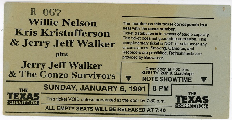 1991 Willie Nelson Kris Kristofferson Jerry Jeff Walker TEXAS CONNECTION TICKET