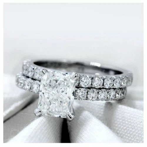 3.10ct Radiant Cut Lab Created Diamond Engagement Wedding Ring Set 925 Silver