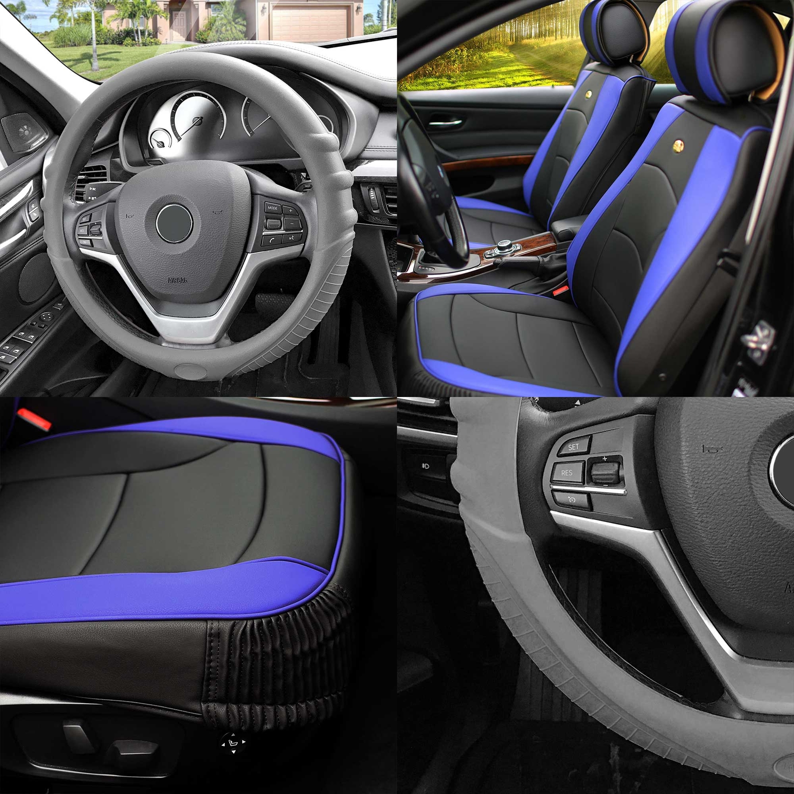 Leatherette Seat Cushion Bucket Covers Black Blue w/ Gray Steering Cover Sedan