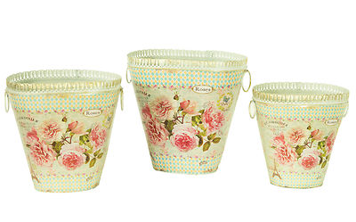 French country planters vintage painted metal decorative bucket pots (set of 3)