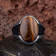 925 Sterling Silver Handmade Men's Ring Natural Tiger's Eye Gemstone Jewelry