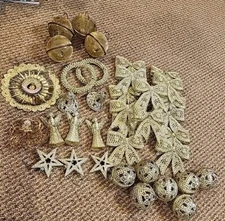 Vintage Assorted Lot Gold Plastic & Metal Christmas ORNAMENTS Bows Angels Stars