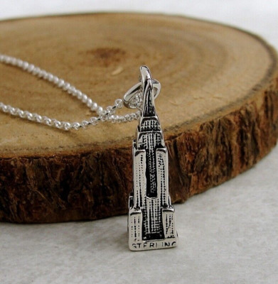 925 Sterling Silber 3D Wolkenkratzer Gebäude Halskette - NYC Souvenir Charm