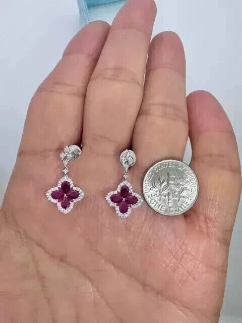 Pendientes colgantes para mujer enchapados en oro blanco de 14k de 2,20 quilates corte pera rubí rosa simulado Foto 4 de 4