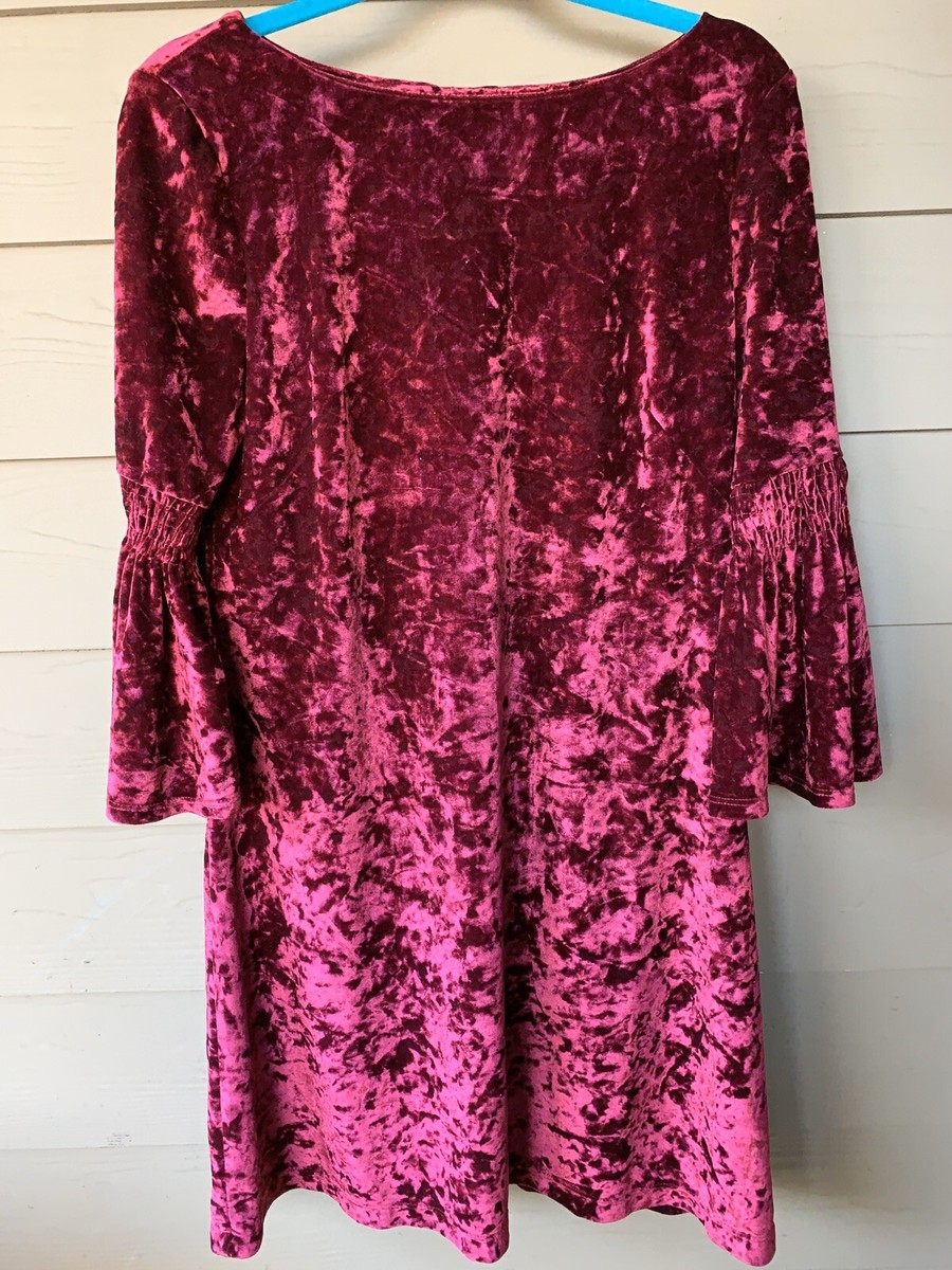 Gabby Skye Women 12 Burgundy Crushed Velvet Bell Sleeve Dress MSRP $98