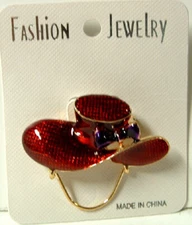 LADIES RED HAT SOCIETY BROOCH PIN sparkling red with purple stone bow