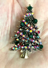 Sparkling Red AB Green Rhinestone Christmas Tree Brooch with box