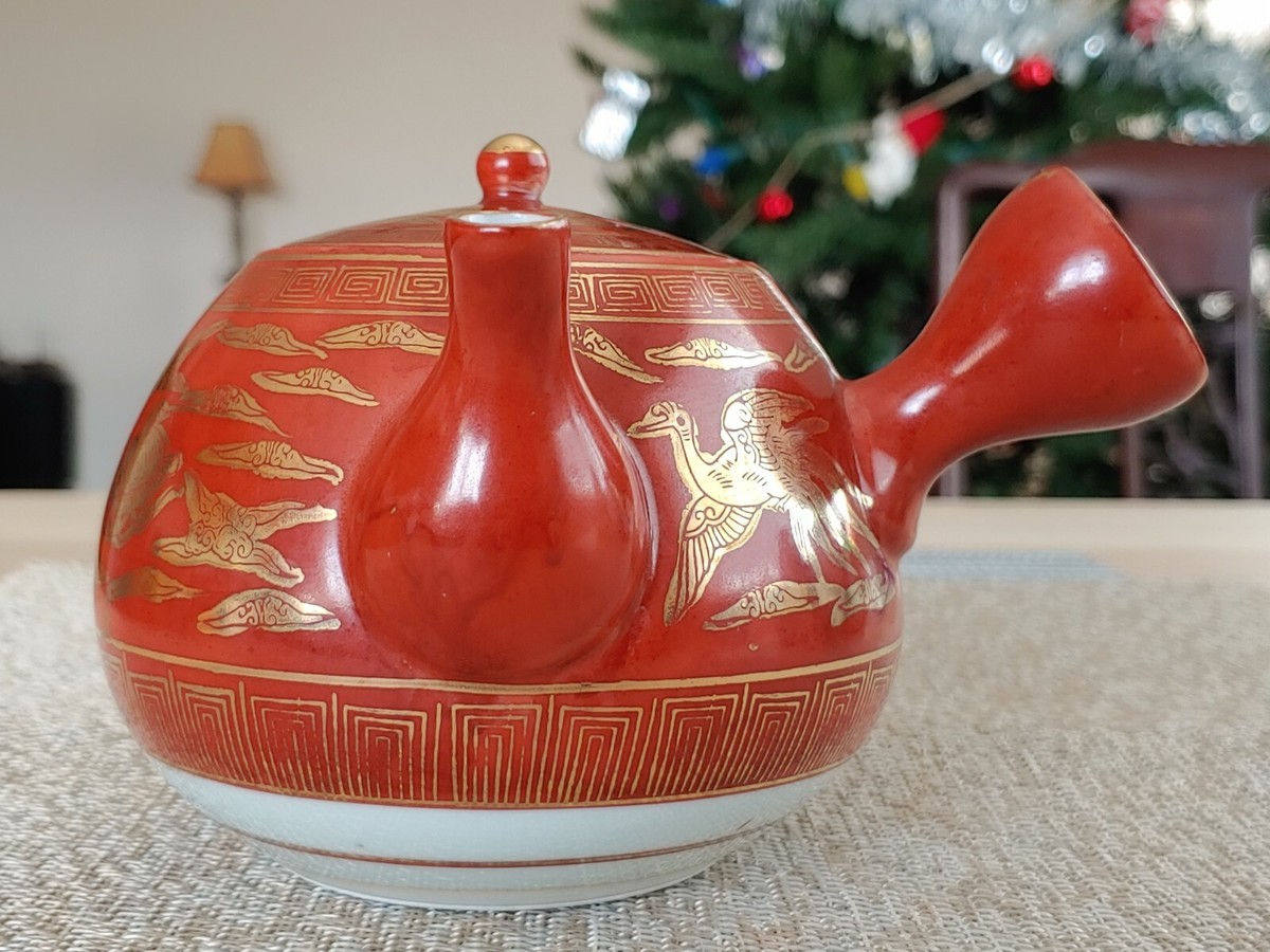 九谷烧瓷茶壶Antique Japanese Kutani Red Glazed Porcelain Painted