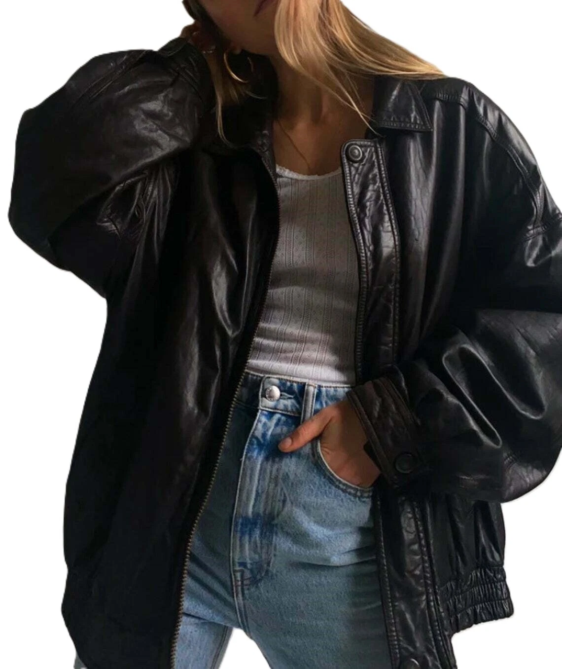 Women’s Vintage Fashion Black Leather Bomber Jacket Oversized Retro 80s 90s Coat