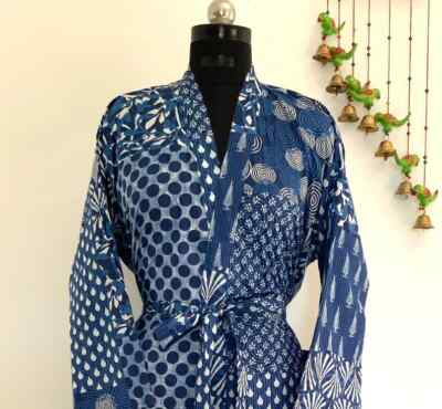 Blau Indigo Unisex 100 % Baumwolle Kimono, Nachtwäsche, Make-up Morgenmantel,...