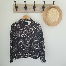Chicos Jacket Linen Blend Brown Tan Tribal Aztec Print Sz 2 Excellent
