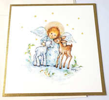 Tarjeta de Navidad vintage Mary Hamilton lindo ángel con ciervo y cordero en la nieve