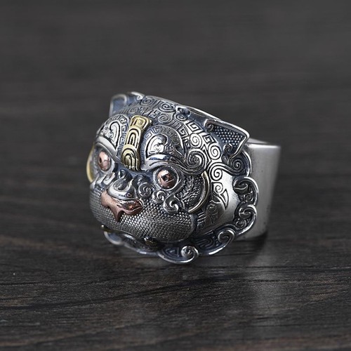 Solid 925 Sterling Silver Mens Heavy Ancient Mythical Lion Ring Size Adjustable - Picture 7 of 10