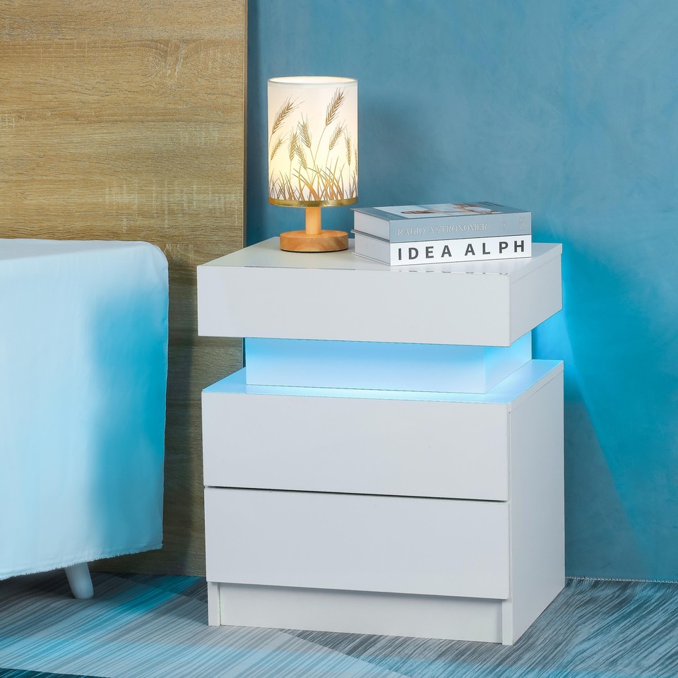 Modern Nightstand White Bedside Table with Glossy Drawers for Bedroom