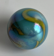 Large Iridescent Blue Mustard Color Abstract Swirl Glass Shooter Marble