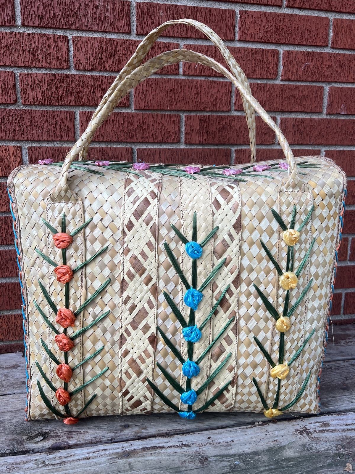 Vintage Extra Large Woven Straw Floral Beach Bag Mark… - Gem