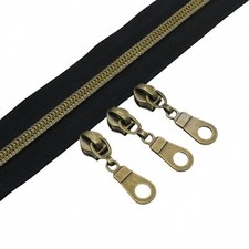 5 Antique Brass Metallic Nylon Coil Zippers by The Yard Bulk Black Tape 10 Y...