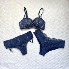 NWT Victorias Secret Dream Angels 3 Pc Set Bra 32C Panties S Sheer Lace Navy
