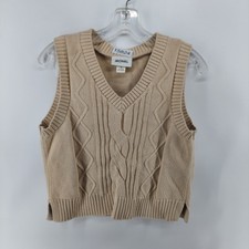 Monki Knit Vest Women Size Medium Beige Pullover Cotton Casual V Neck Kitted