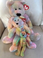 Set of 3 TY Tie-Dyed Bear Plush Large Peace Beanie Buddy Peace Beanie Baby Peace
