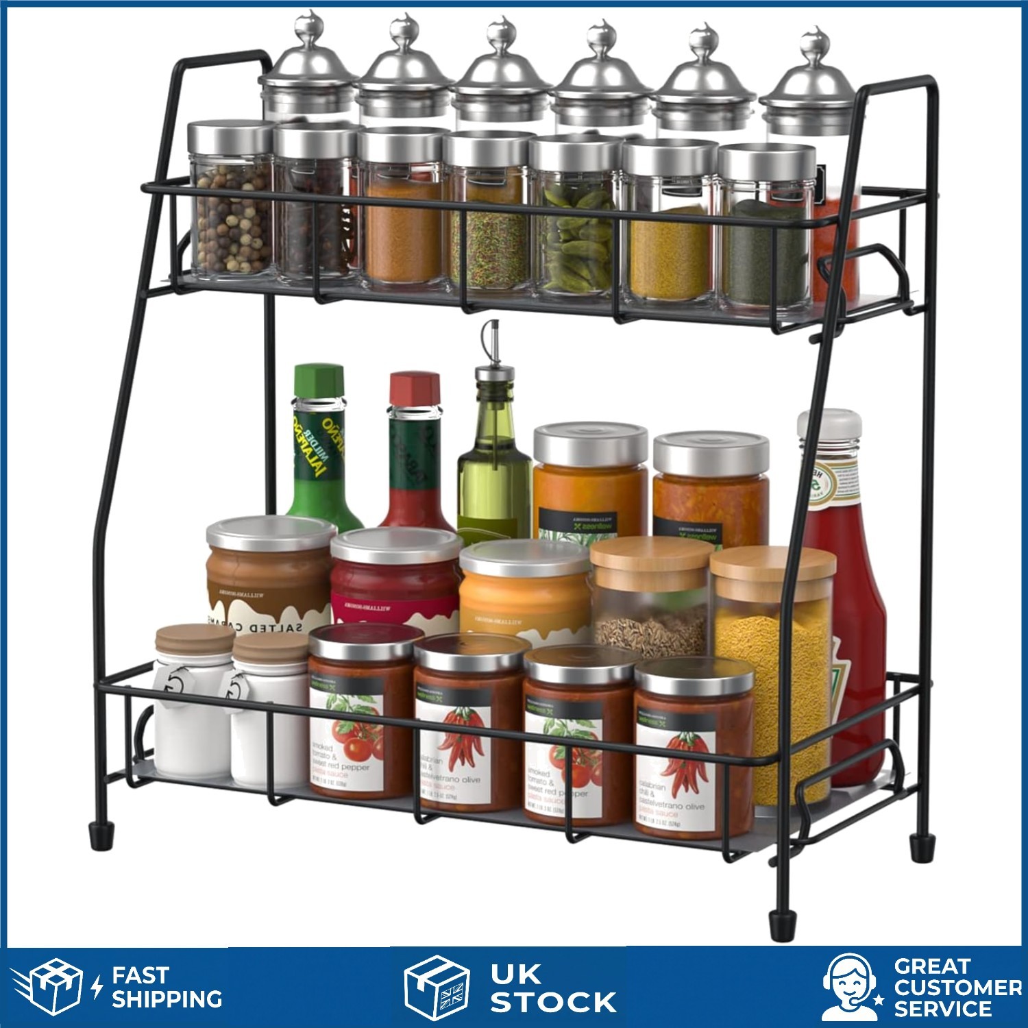 Portable 2-Tier Spice and Cosmetic Rack - Stylish Black Metal Storage Solution