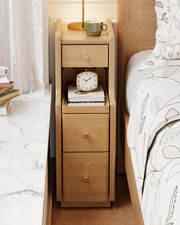 Slim Bedside Table, with 3 Drawers and Shelf, Small Wood Nightstand Sofa Side En