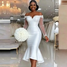 White Off‑Shoulder Satin Mermaid Wedding Gown,Long Lace Sleeve Bridal Dress