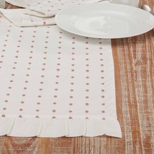 Abigail Ruffled Table Runner, 72" Long, Off White w/Red Dots Tabletop Décor