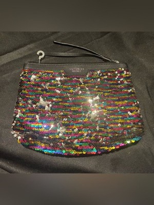 Victoria's Secret Rainbow Sequin Makeup Bag Clutch Black Faux Leather 8x10