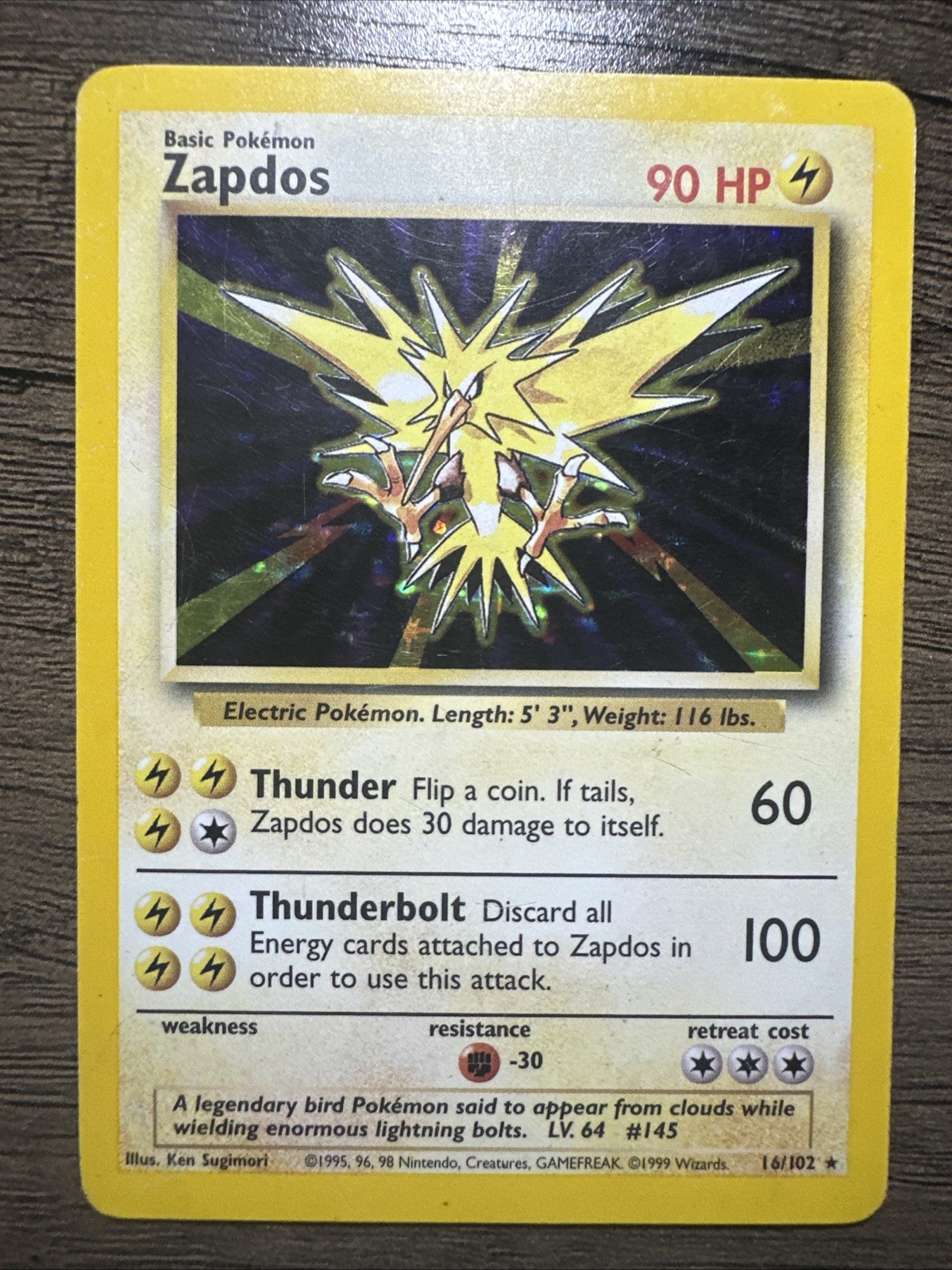 Zapdos Basic Pokémon Card 14/102 Holo Rare Vintage Trading Card