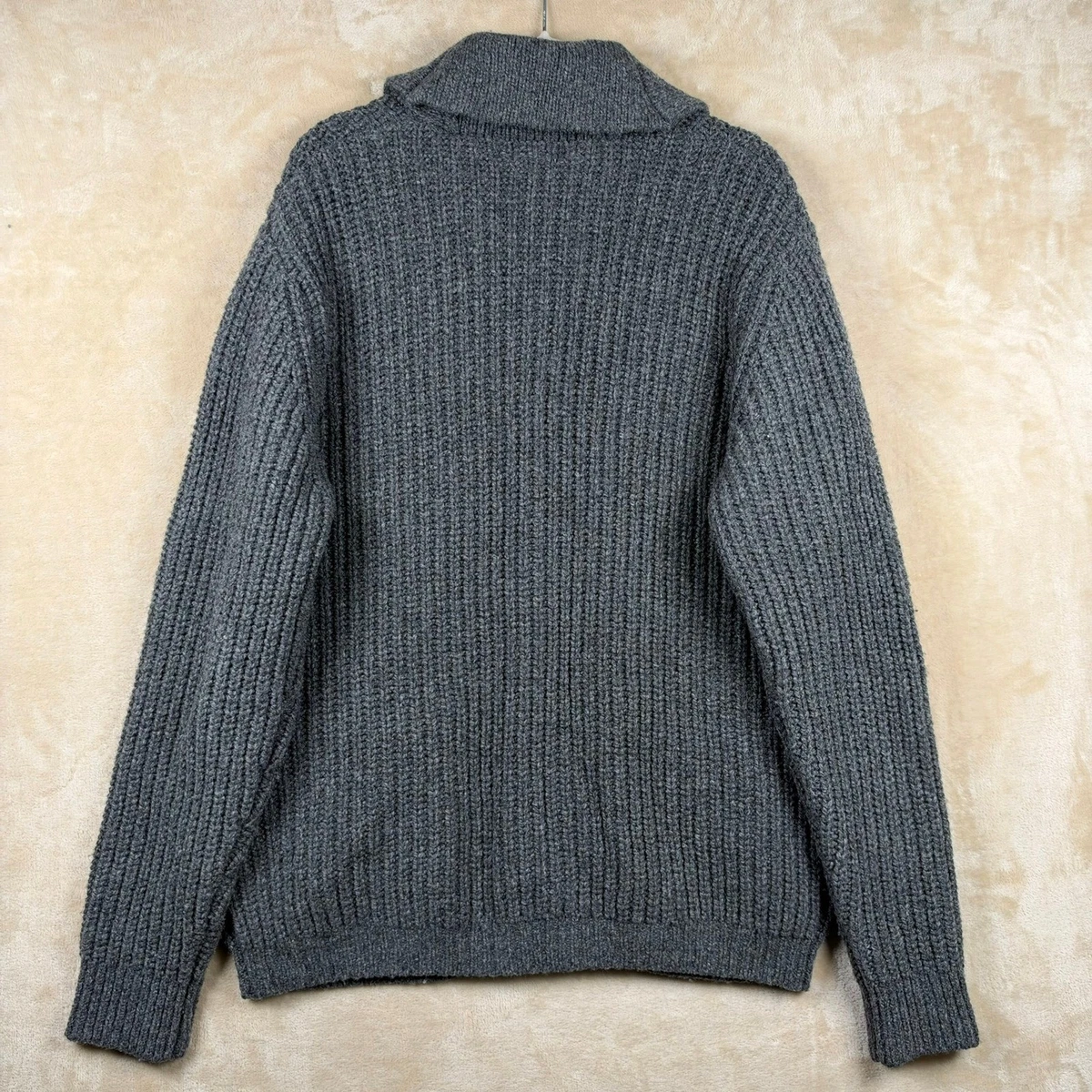 Cárdigan suéter tejido acanalado cuello chal 100 % lana de cordero gris M LL Bean para hombre
