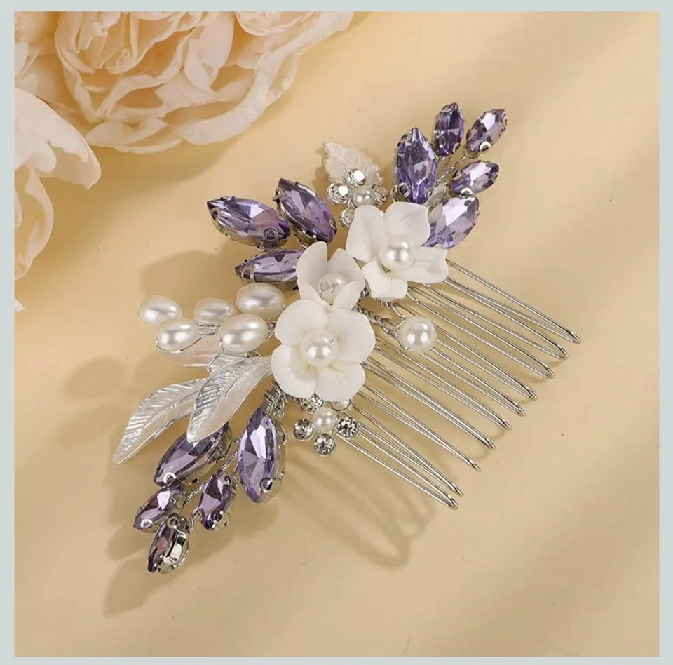 Peine de pelo de cristal de lavanda violeta accesorio novias dama de honor graduación hecho a mano Foto 3 de 4