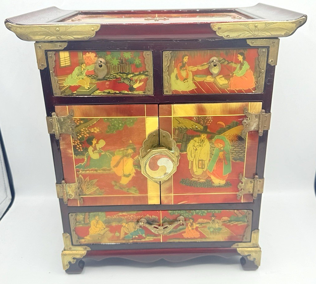 Vtg Korean Lacquer Jewelry Box Cabinet w/ Drawers Hand-Painted Oriental 12"