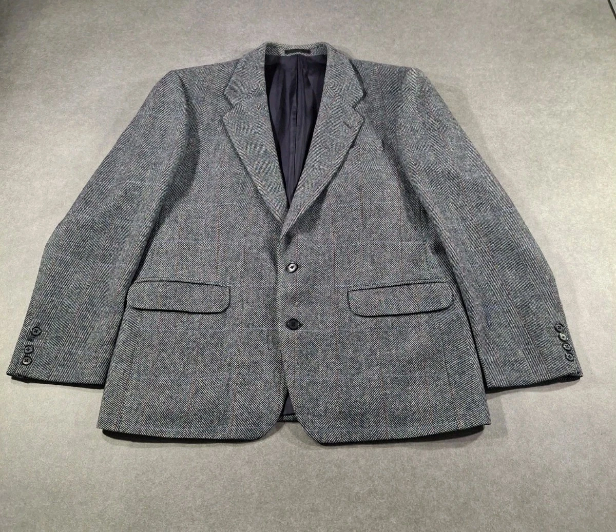 Vintage St Michael M&S Mens Blazer Jacket 42 Chest Short Grey 100% Wool Herring