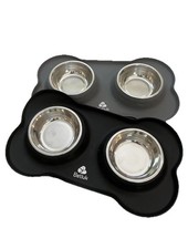 Pet Double Bowl Water Feeder Stainless Steel Puppy or cat Food BLACK Small Size