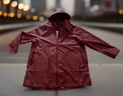 Roaman's Rain Coat Jacket Woman s L Burgundy Full Zipper Long Hooded