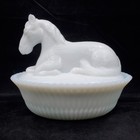 Summit Art Glass McKee White Milk Glass Resting Pony 5" Covered Dish Nest Horse