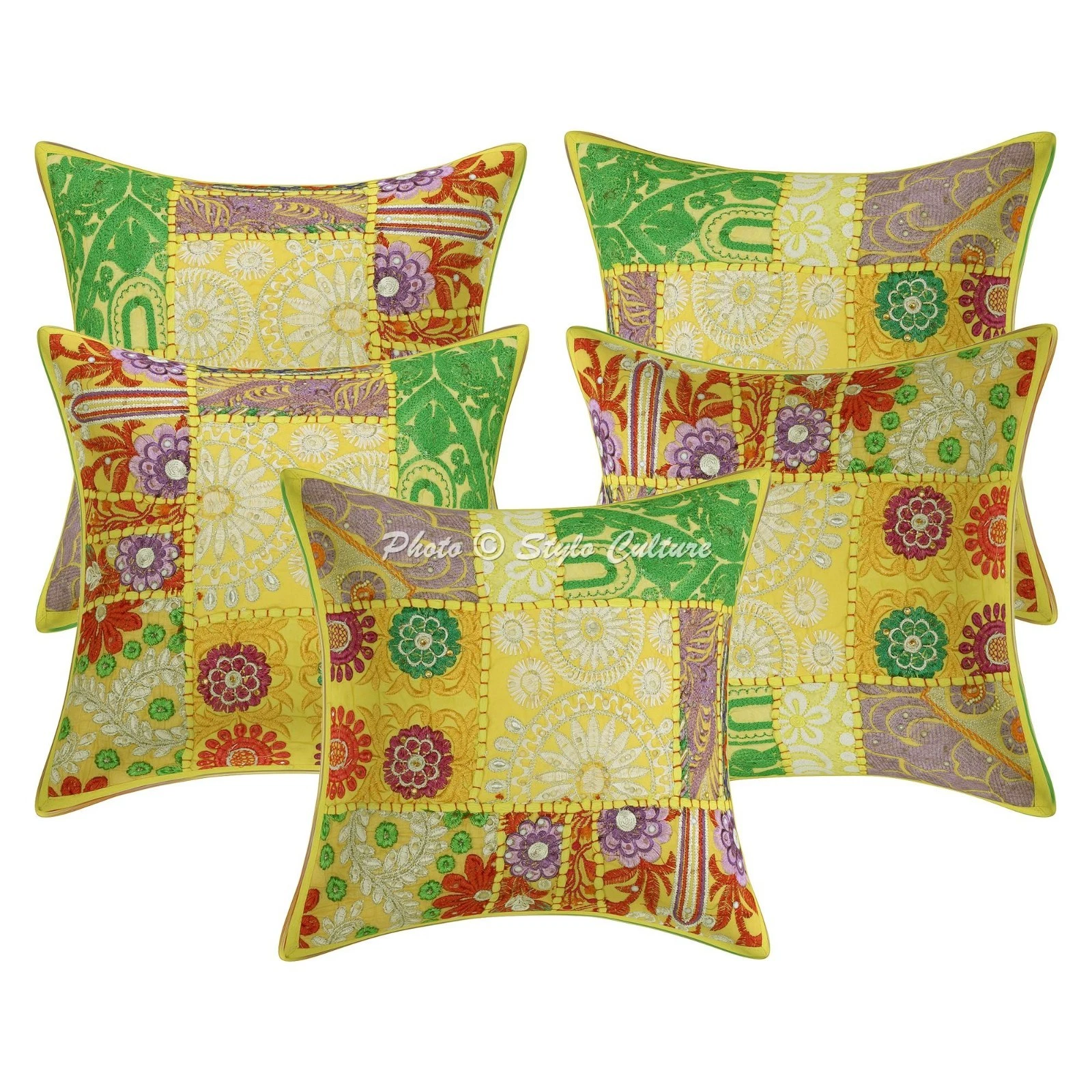 Ethnic Cotton Throw Pillow Covers Vintage Patchwork Yellow Abstract Home Decor