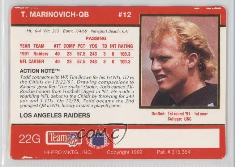 1992 Action Packed 24-Kt Gold Todd Marinovich #22G - Image 2 of 2