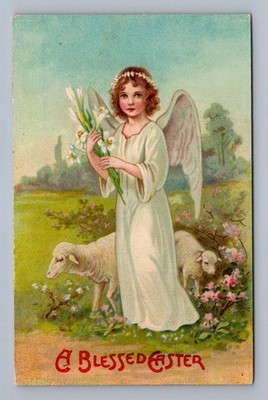 Antique Easter angel girl with lilies and sheep illustration 1910s