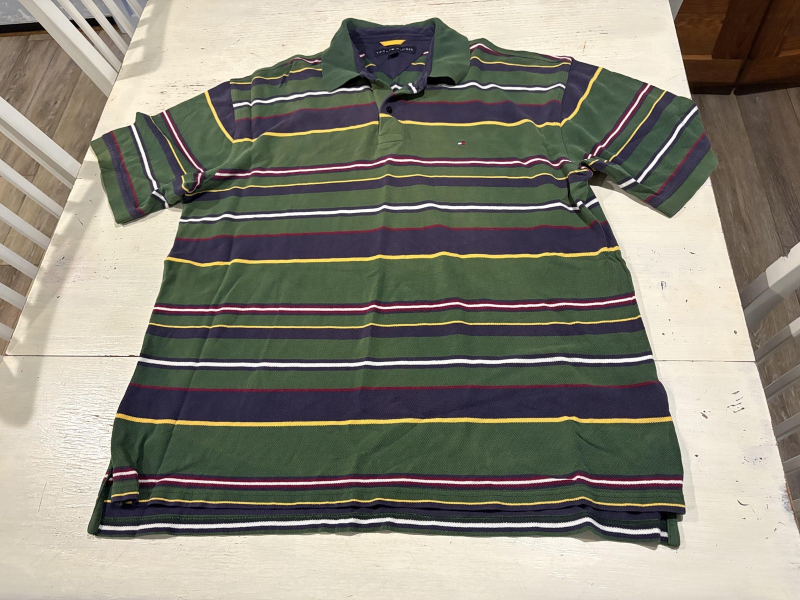 Vintage Tommy Hilfiger Shirt Mens 2XL Green Striped Polo Short Sleeve 2000s